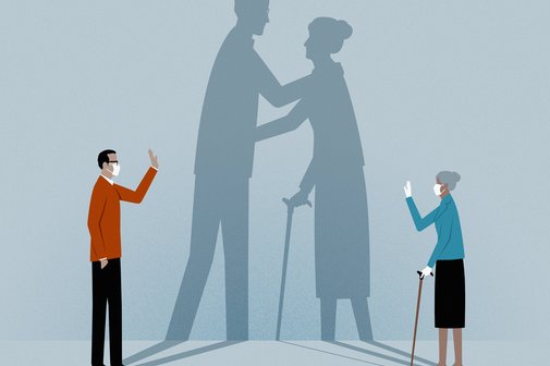 Pflege aus der Distanz Die Grafik zeigt Mutter und Sohn, die weit auseinander stehen. An der Wand hinter ihnen sieht man ihre Schatten, die nah und zugewandt sind. Sie tragen bei Atemschutzmasken.