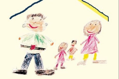 ein gezeichnetes Bild mit einer Familie unter einem Dach