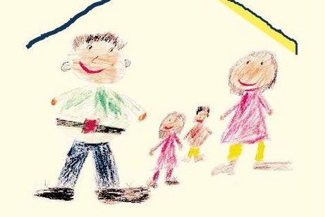 gezeichnetes Bild mit einer Familie unter einem Dach