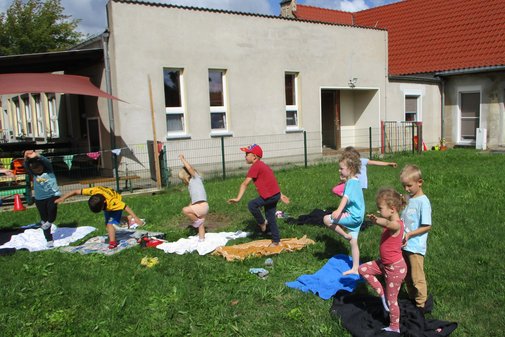 viele Kinder turnen auf einer Wiese
