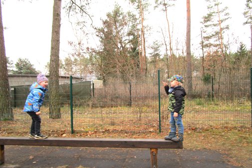 zwei Jungen balancieren auf einem Balken