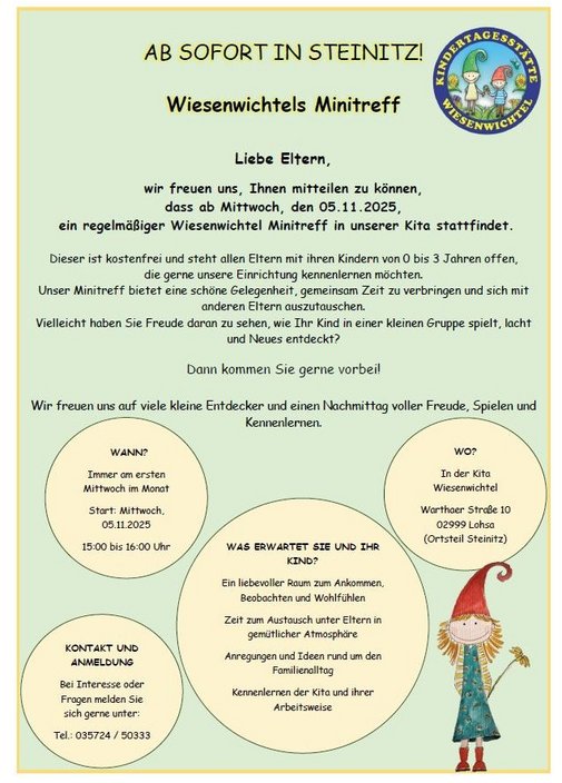 Beschrieben wird das Angebot des Minitreffs, am 1. Mittwoch im Monat von 15 bis 16 Uhr