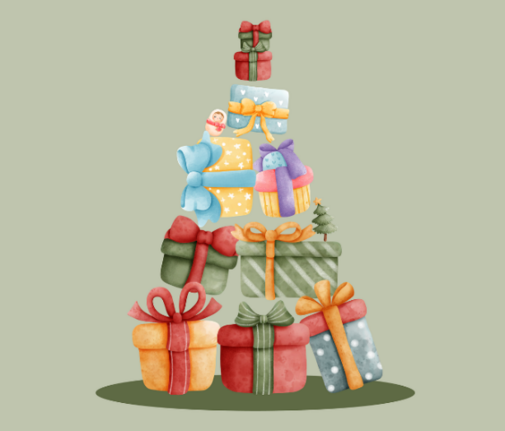 &uuml;bereinandergestapelte Geschenke in Form eines Weihnachtsbaums