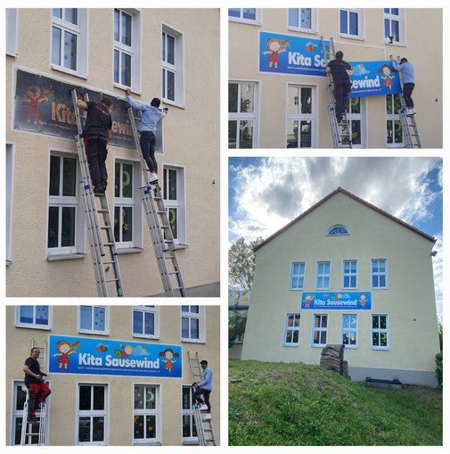 Bilder von einem neuen Schild an der Kita Sausewind