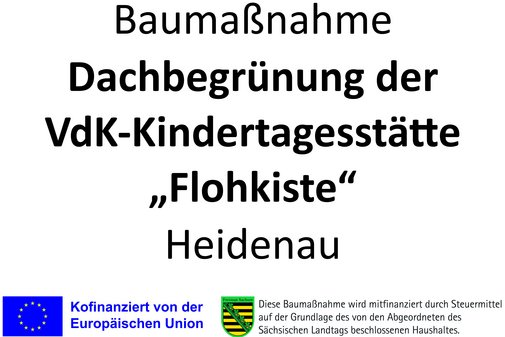 Text zur Baumaßnahme und Logos von EU und Freistaat Sachsen