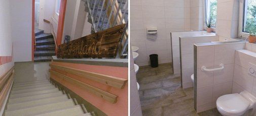 zwei Bilder zeigen das neue Bad und den Treppenbereich
