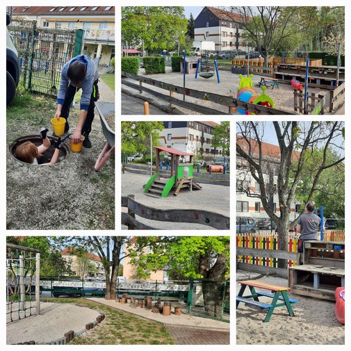 verschiedene Fotos von Arbeiten im Au&szlig;enbereich der Kita