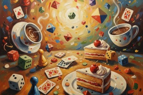 Abstraktes Bild mit Kuchen, Kaffee und Spielfiguren
