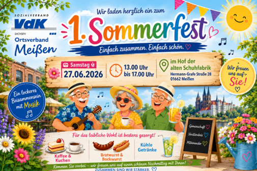 Buntes Plakat zum VdK-Sommerfest in Mei&szlig;en mit Musik, Kaffee, Kuchen, W&uuml;rstchen und guter Laune.