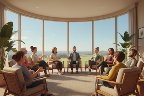 Stilisierte Gruppe von Frauen und M&auml;nnern in einem Stuhlkreis sitzen