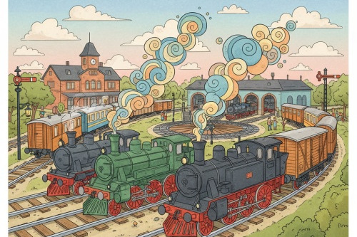 abstraktes Bild von 3 Dampfloks