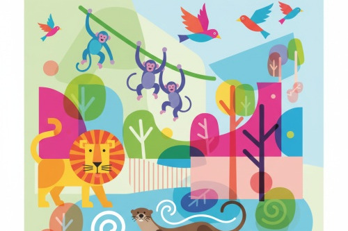 Abstraktes Bild mit L&ouml;wen und Affen