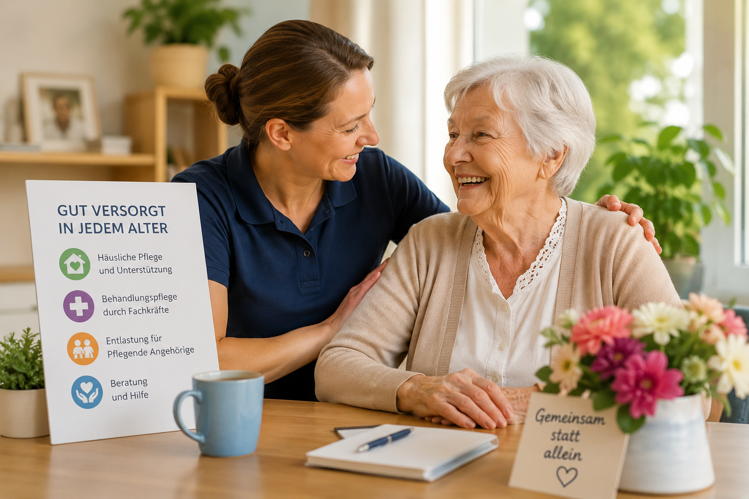 Seniorin und Pflegekraft sitzen gemeinsam am Tisch und informieren sich &uuml;ber Pflegeangebote