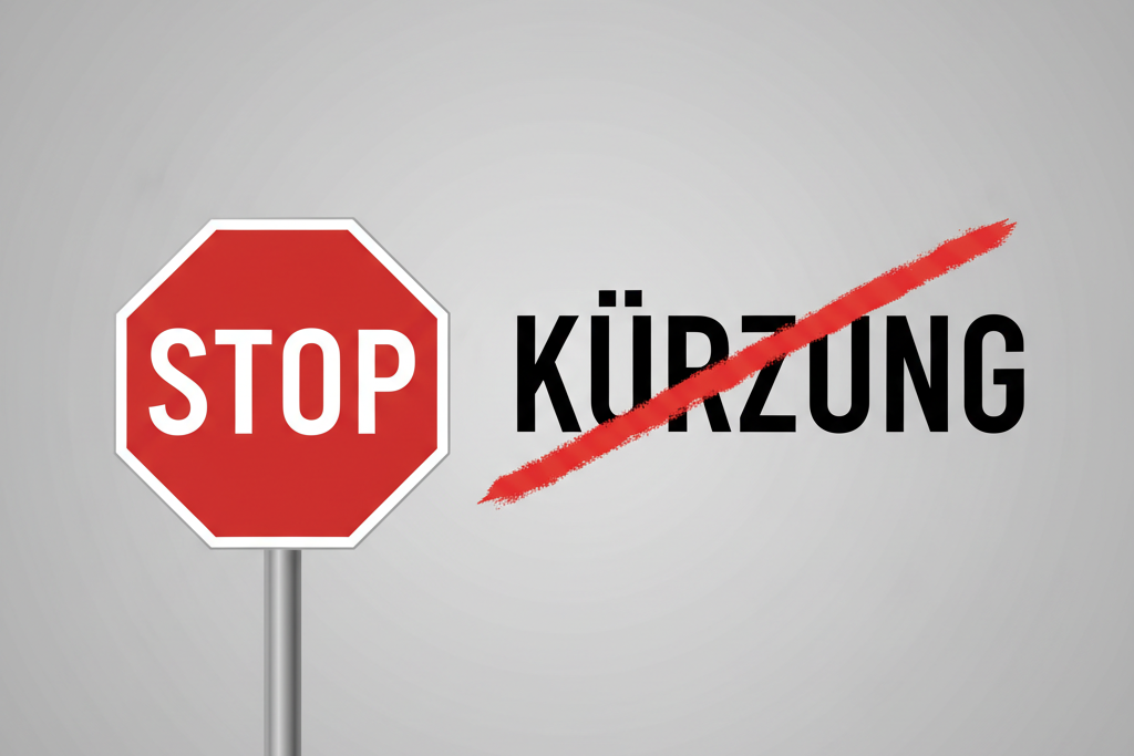 Stoppschild auf der linken Seite und ein durchgestrichener Schriftzug der K&uuml;rzung auf der rechten Seite